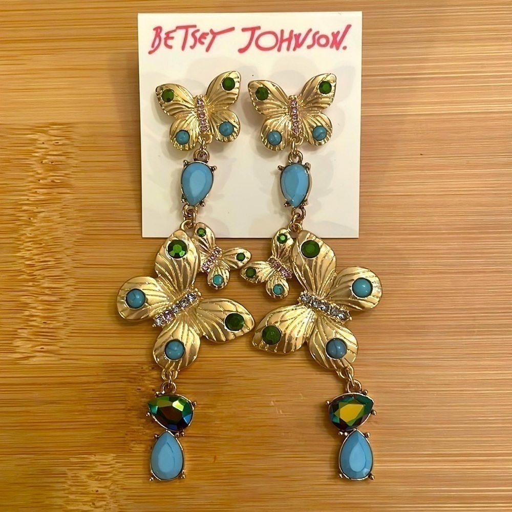 Brand New Betsey Johnson Gold Tone Butterfly Drop Earrings Green & Blue Stones